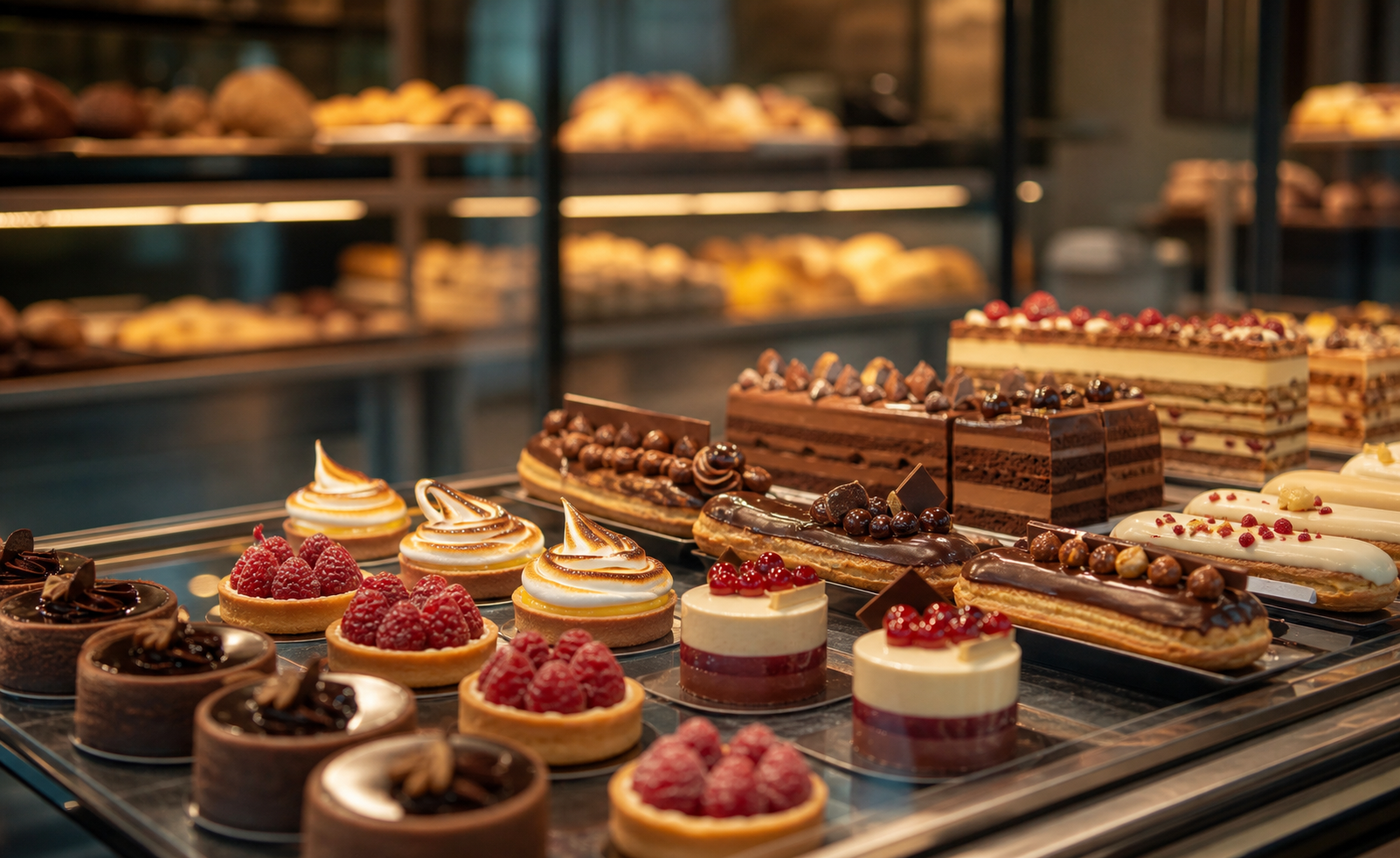 Konditorei Auslage mit Kuchen und Gebaeck
