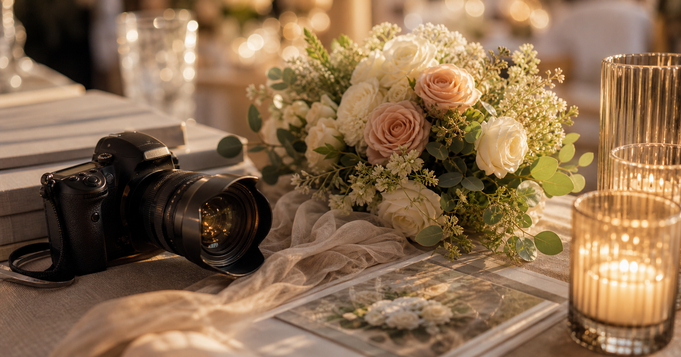 Hochzeitsfotografie Detail mit Kamera und Blumen