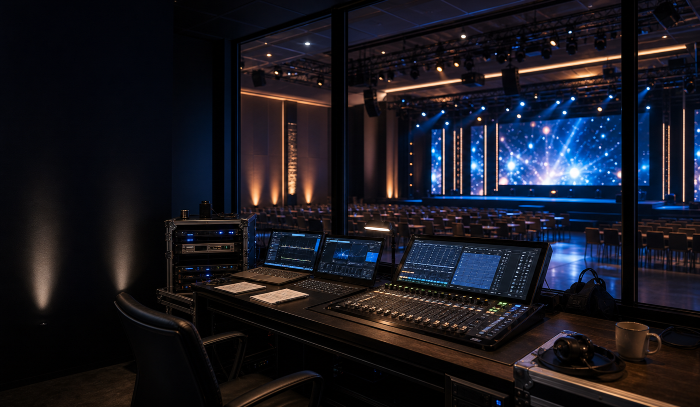 Eventregie mit Blick auf Buehne und Veranstaltungssaal