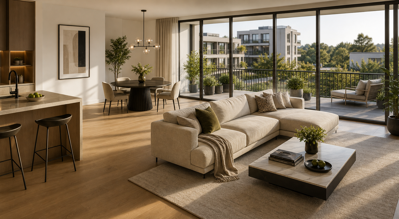 Heller Wohnbereich einer Neubauwohnung mit Balkonblick