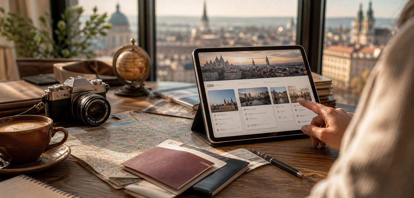 Reiseplanung mit Dokumenten und Tablet